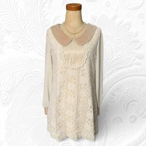 P&K Collection Cream Lace Overlay Shift Babydoll Dress Peter Pan Collar Pearls